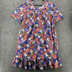Haband Dress Large Blue Floral V-Neck Hawiian Resort Muumuu House Patio Lounge